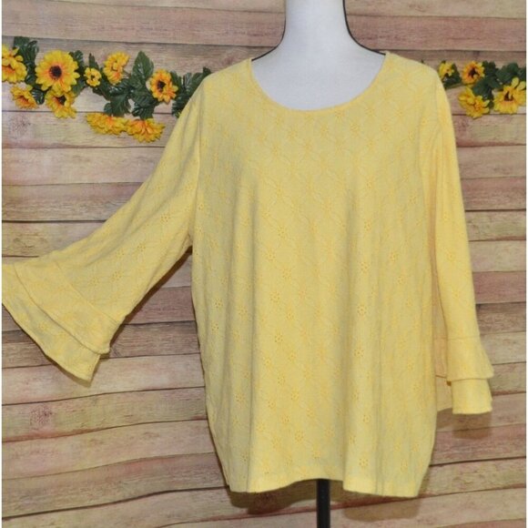Chico's 4 US XXL 1X Butter Yellow Eyelet Blouse Top 3/4 Ruffle Sleeve Scoop Neck - Picture 5 of 12